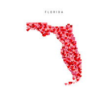 I Love Florida. Red Hearts Pattern Vector Map Of Florida