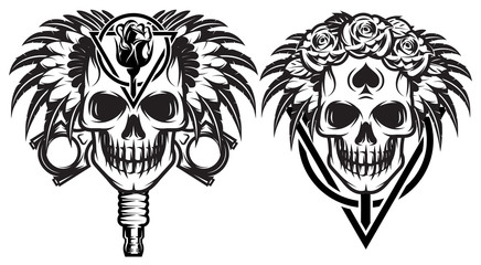 Vector monochrome illustration with groom and bride, skull, roses