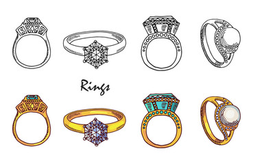 Wall Mural - hand drawn vector jewelry rings with crystalls isolated on white background. illustration of jewelry