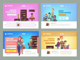 School education landing. Learning distance courses students reading books university library knowledge concept vector landing layout. Online education, e-learning library illustration
