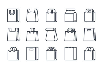 shopping bag related line icon set. paper market bag linear icons. grocery bag outline vector signs 