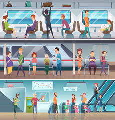 Wall Mural - Subway entrance. Urban metro exit electronic steps platform station city fast transport vector cartoon background. Train passenger, railway underground platform, public transport subway illustration