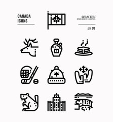 Wall Mural - Canada line icon set 1. Include Canada flag, Maple syrup, niagara fall, hockey animal and more. Outline icons Design. vector