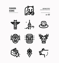 Wall Mural - Canada line icon set 3. Include Canada map, aboriginal, bear and more. Outline icons Design. vector