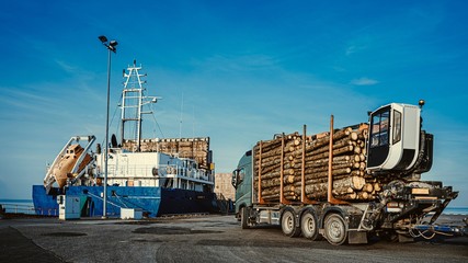 Green truck carrying pulpwood to the cargo ship in the port. Summer time. Close up. Copy space.