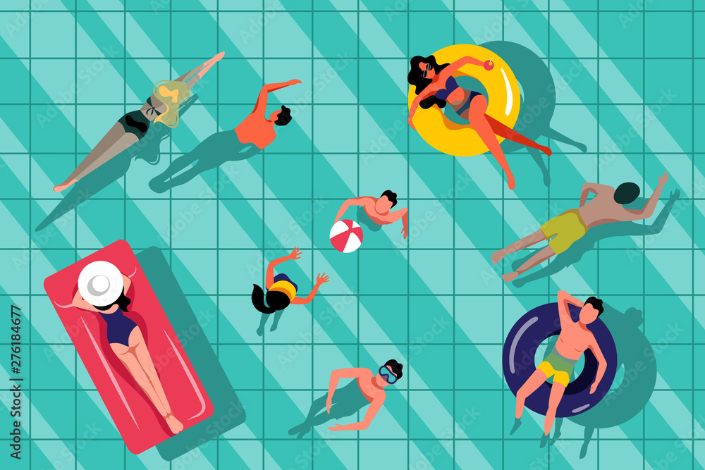 People swimming in swimming pool, top view illustration. Vector summer hand drawn water background. - obrazy, fototapety, plakaty 