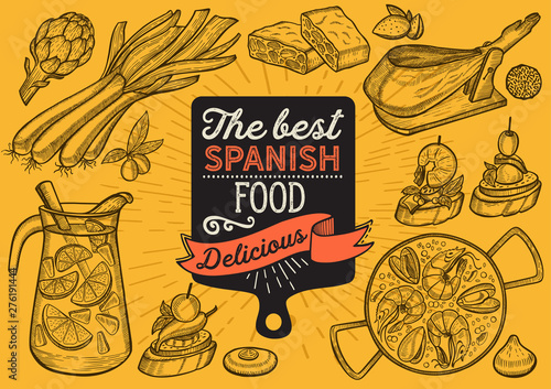 Cuadros en Lienzo Spanish illustrations - tapas, paella, sangria, jamon, churros, calcots, turron