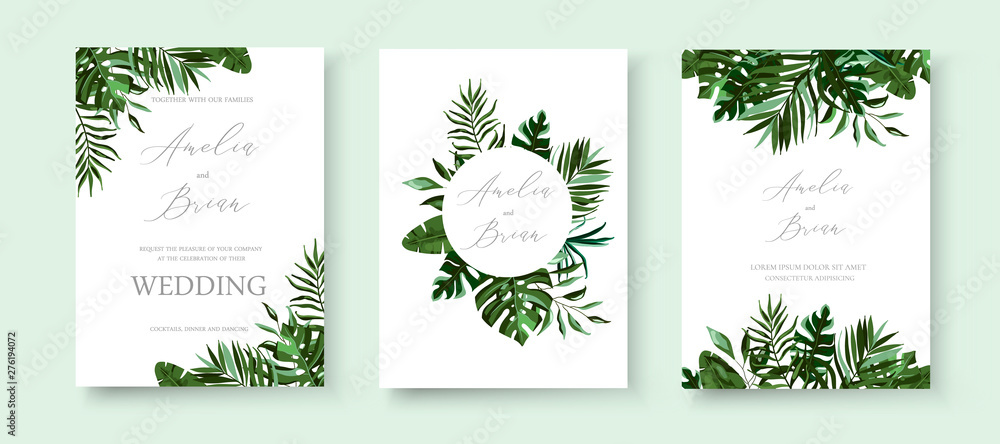 Wedding greenery tropical exotic floral invitation card save the date design - obrazy, fototapety, plakaty 