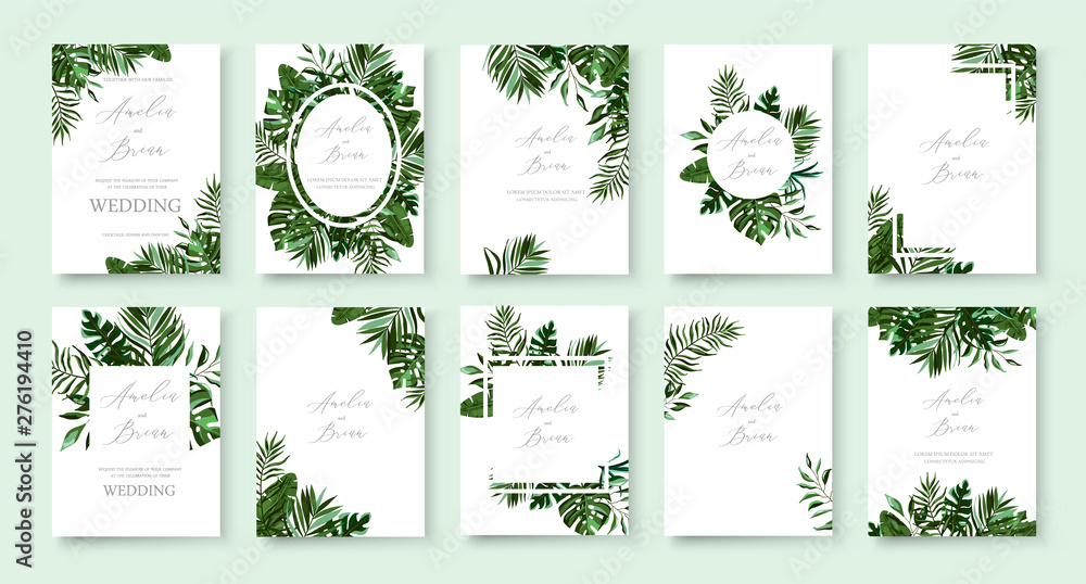 Set of wedding invitation with greenery tropic exotic summer card - obrazy, fototapety, plakaty 