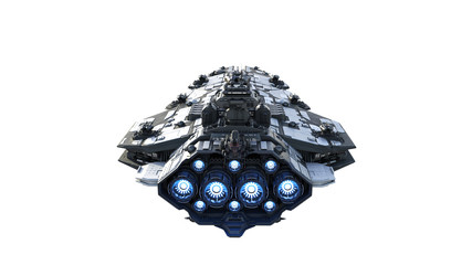 Wall Mural - alien spaceship flying, ufo spacecraft in flight isolated on white background, back view, 3d renderi