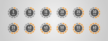 Timer Icons Set, Twelve Timer Indicators From 5 Minutes To 60 Minutes, Vector Illustration.