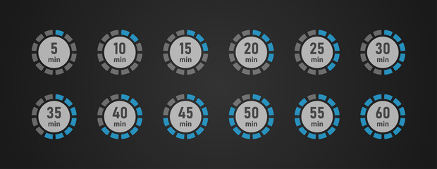 timer icons set, twelve timer indicators from 5 minutes to 60 minutes, vector illustration.