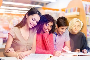 Sticker - Young students studying on background