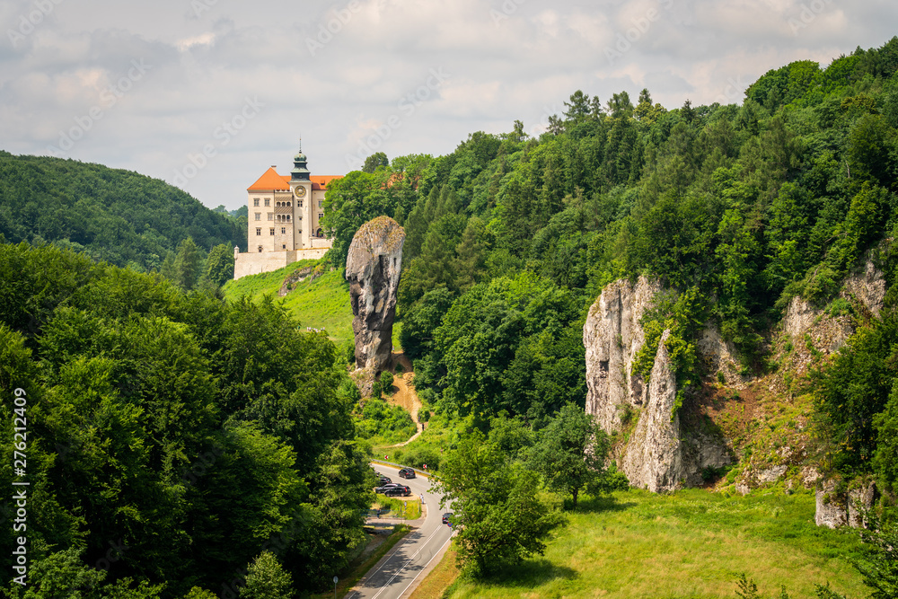 Castle on the hill in Ojcow National Park Poland - Pieskowa Skala, Hercules's mace rock  - obrazy, fototapety, plakaty 