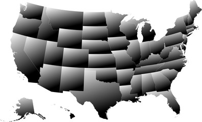 Wall Mural - Map of the United States of America split into individual states. Gradual coloring from white to black creating a 3D effect.