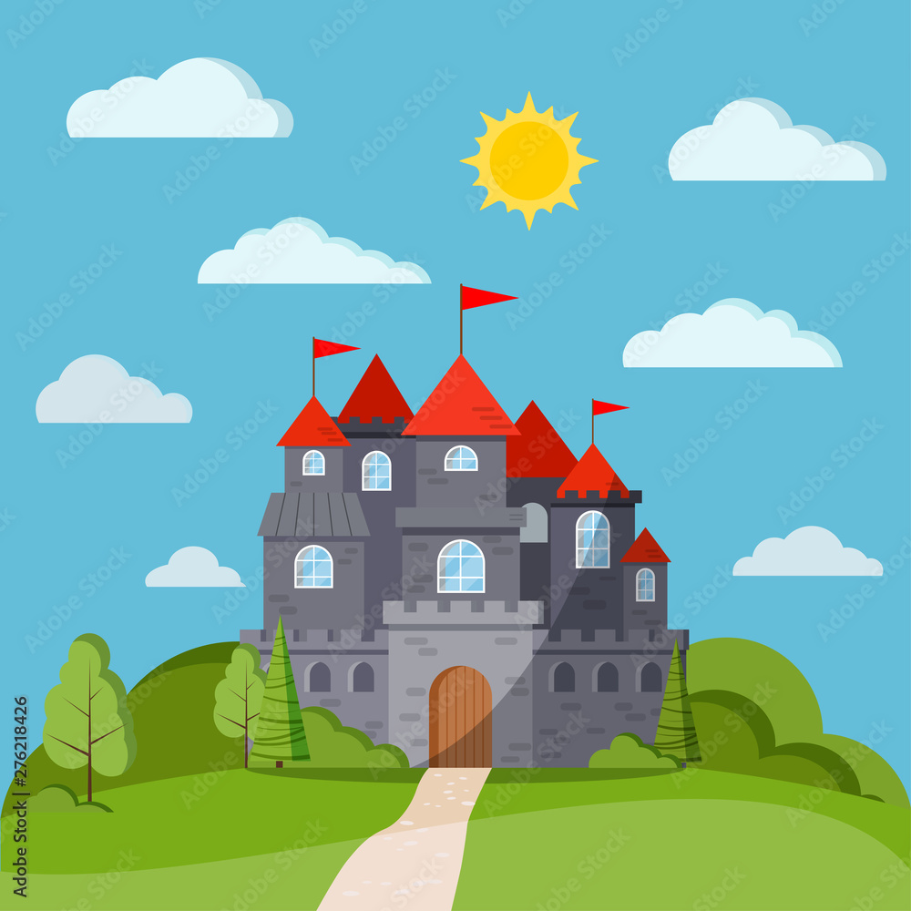 Cartoon flat style fairy tale background with grey stone castle tower ...