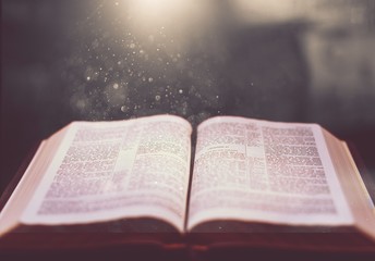 Wall Mural - open old book on wooden table.