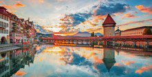 Sunset In Historic City Center Of Lucerne With Famous Chapel Bridge And Lake Lucerne (Vierwaldstattersee), Canton Of Lucerne, Switzerland