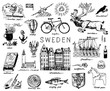 Symbols of Sweden in vintage style. Retro sketch with traditional signs. Scandinavian culture, national entertainment in European country. Ecology and processing, bicycle and animals, winter and cold.