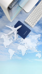 booking and search flight ticket air travel vacation concept, passport, computer and airplane on sky