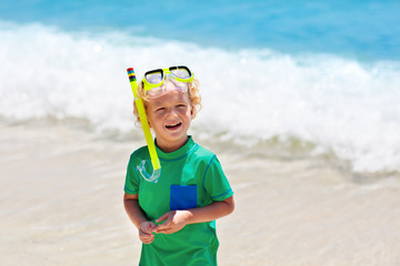 Kids snorkel. Children snorkeling in tropical sea.