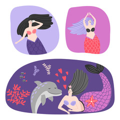 Wall Mural - Cute illustrations with mermaids, dolphin and seaweeds, vector illustration