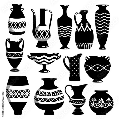 Black And White Ancient Ceramic Bowls And Vases Vector