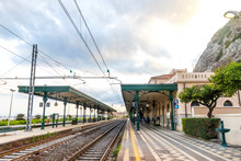 Taormina, Italy - May 14, 2018: Taormina Giardini Naxos Railway Station (Stazione Di Taormina-Giardini), Small Railway Station Situated In 1 Km Away Well Below The Taormina Old Town, Sicily, Italy