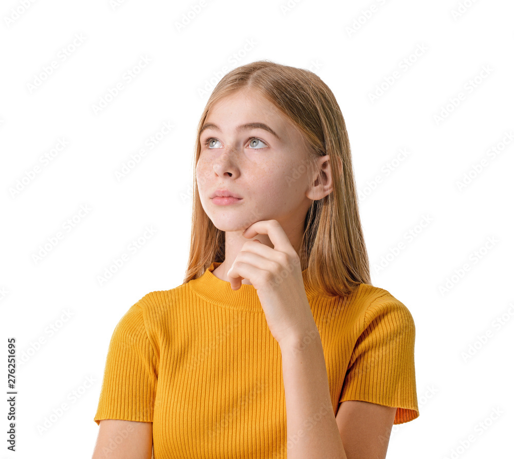 Sad teenage girl on white background