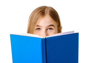 Wall Mural - Cute teenage girl with book on white background