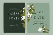 Green Wedding Invitation, Floral Invite Thank You, Rsvp Modern Card Design In White Flower With Leaf Greenery  Branches Decorative Vector Elegant Rustic Template