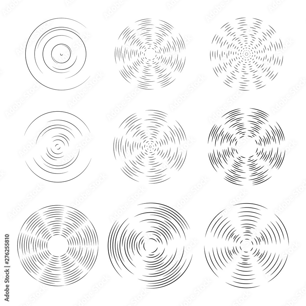 A selection of design elements of the fan rotation, or propeller of the aircraft. Overlay pattern. Silhouette of rotation of the drone, pinwheel. Vector objects on an isolated light background. - obrazy, fototapety, plakaty 