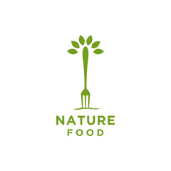 Nature food logo or restaurant logo with fork and leaf symbol