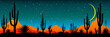 Starry night over the Mexican desert.Desert, cacti, stars night. Starry night over the Mexican desert. Silhouettes of stones, cacti and plants. Desert landscape with cacti. Stony desert 