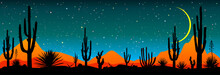 Starry Night Over The Mexican Desert.Desert, Cacti, Stars Night. Starry Night Over The Mexican Desert. Silhouettes Of Stones, Cacti And Plants. Desert Landscape With Cacti. Stony Desert 