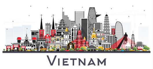 Wall Mural - Vietnam City Skyline with Gray Buildings Isolated on White.