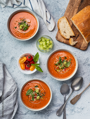 Cuadros en Lienzo Gaspacho soup on white marble tabletop
