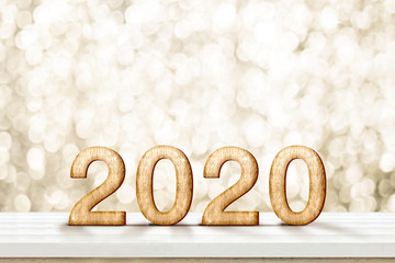Poster - Happy new year 2020 gold glossy (3d rendering ) on white wood table with sparkling gold bokeh wall,banner for display or montage of product for holiday promotion and advertise for online content.
