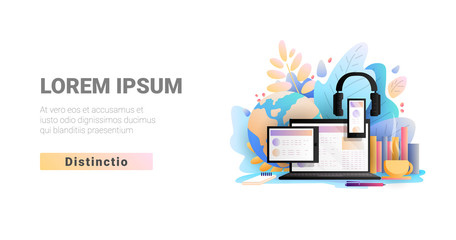 Online education concept, vector illustration. Study, learning online with laptop, tablet, smartphone and headphones from home. Cozy online learing and education with cup of tea and learning books