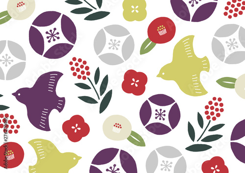 椿と鳥のポップな和柄 Stock Vector Adobe Stock