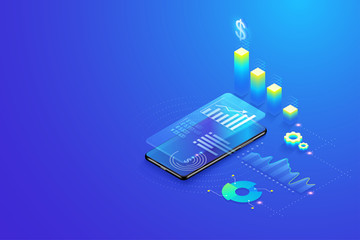 Wall Mural - 3d isometric mobile data analysis statistics, data visualization, research, planning, statistics and