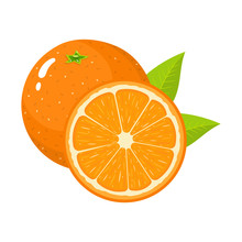 Set Of Fresh Whole And Half Orange Fruit With Leaves Isolated On White Background. Tangerine. Organic Fruit. Cartoon Style. Vector Illustration For Any Design.