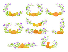Set Of Ornaments For The Frames Of Winding Branches, Flowers And Pumpkins. Vector Illustration On White Background.