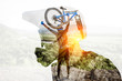 Double exposure of a man in protective helmet and professional cyclist riding on the mountains. Concept of a freeride and off road cycling
