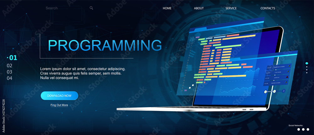Programming or Software development web page template. Vector illustration with laptop isometric view and program code on screen. Programming concept. Technology process of Software development - obrazy, fototapety, plakaty 