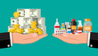 Hand scales with pile of money and bottles of drugs and pills. Health insurance and healthcare. Buying and selling drugs. Pharmacy shop. Vector illustration in flat style