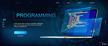 Programming Or Software Development Web Page Template. Vector Illustration With Laptop Isometric View And Program Code On Screen. Programming Concept. Technology Process Of Software Development