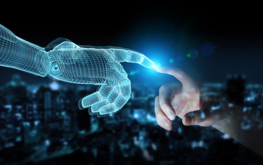 Fototapete - Wireframed Robot hand making contact with human hand on dark 3D rendering