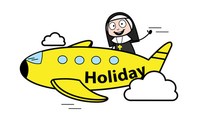 Wall Mural - Going in Plane for Holidays - Cartoon Nun Lady Vector Illustration