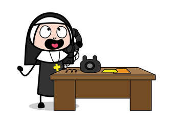 Wall Mural - Talking on Phone - Cartoon Nun Lady Vector Illustration